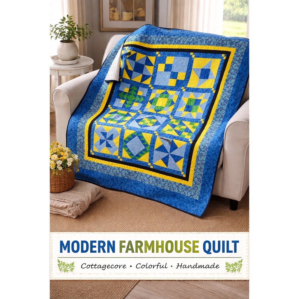 Handmade Modern Farmhouse Patchwork Quilt Blue Yellow Geometric Star 64x70